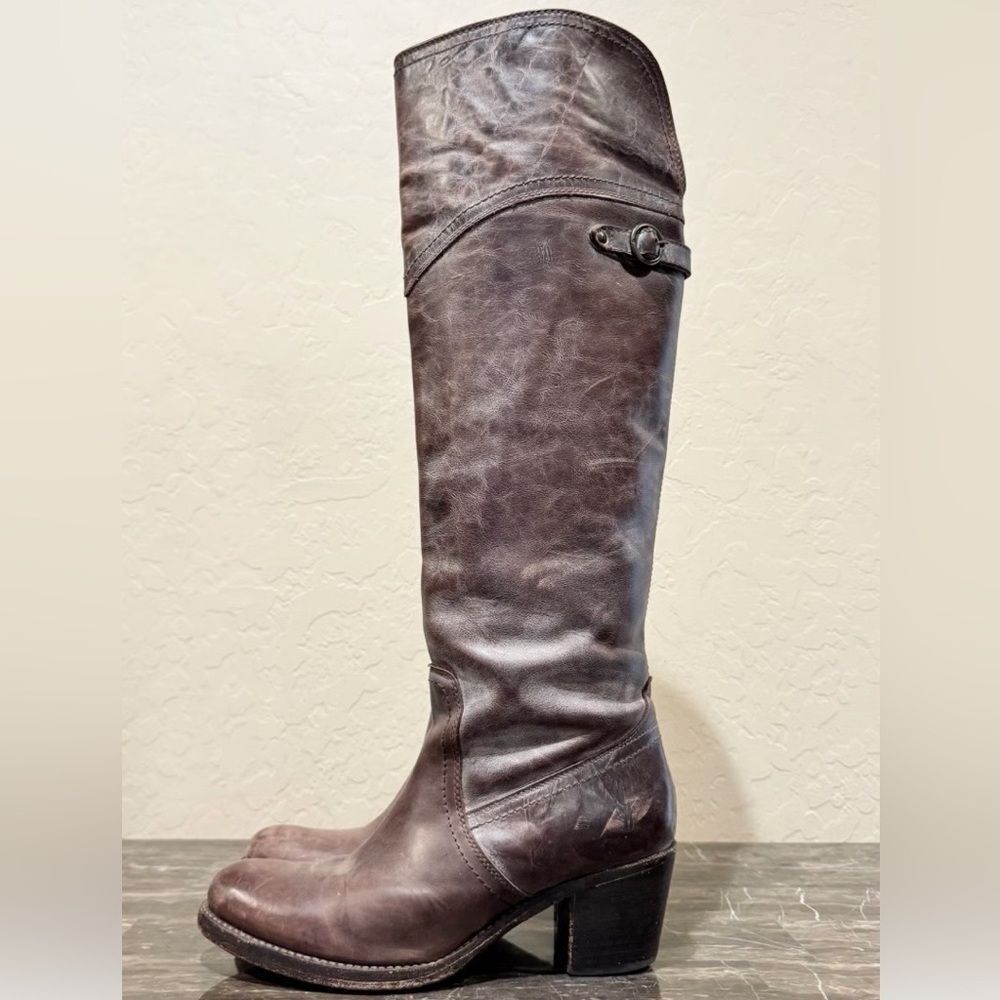 FRYE Jane Western Riding Knee High cuff heeled Boot in Gray Burnished Antique